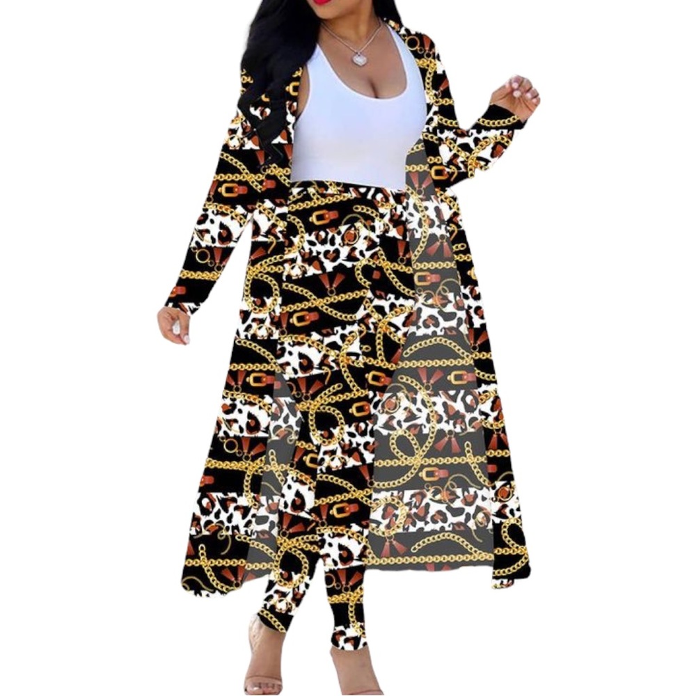 2pc Gold /Black Chain Link Long Sleeve Open Front Cardigan High Waist Pants